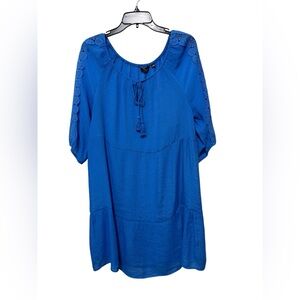 Mlle Gabrielle Blue 3/4 Crocheted Sleeve Tie Front Dress